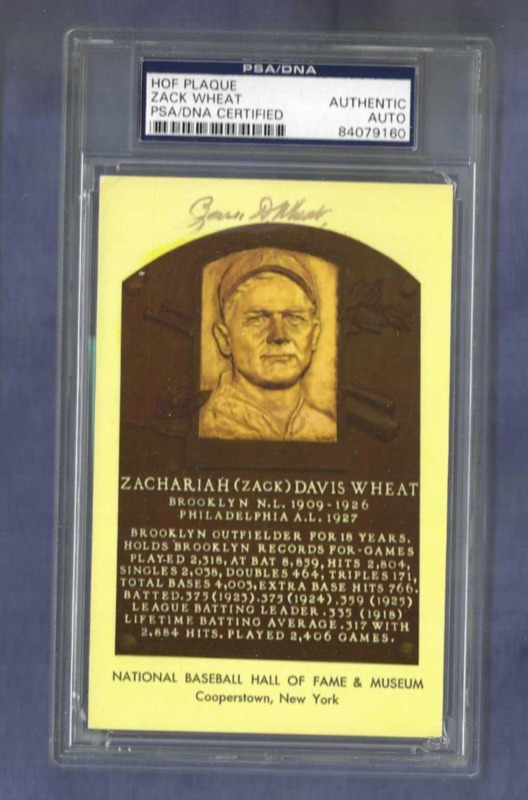 Zack Wheat Brooklyn Dodgers Baseball Autographed HOF Plaque Postcard PSA SLAB