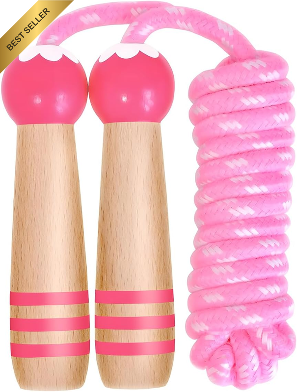 Jump Rope for Kids-Adjustable Cotton Braided Skipping Rope with Wooden Handle