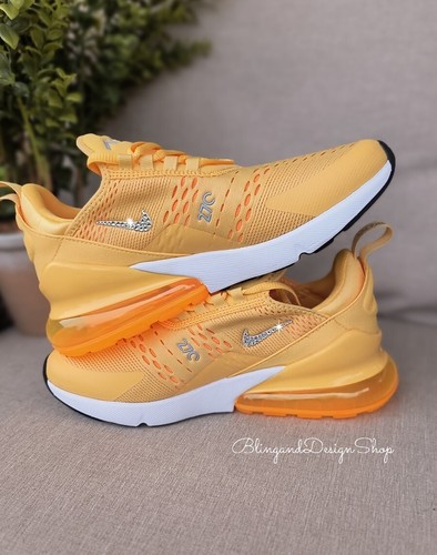 Pre-owned Nike Womens Bling  Air Max 270 Orange Sneakers Shoes Made With Swarovski Crystals