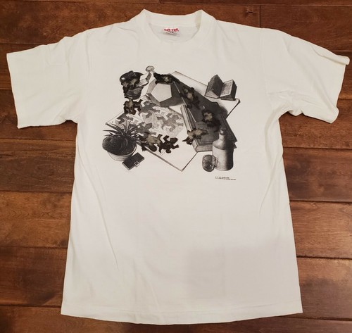 Vtg 1991 MC Escher Heirs Cordon Art Baarn Holland White L Lizard Psych T  Shirt