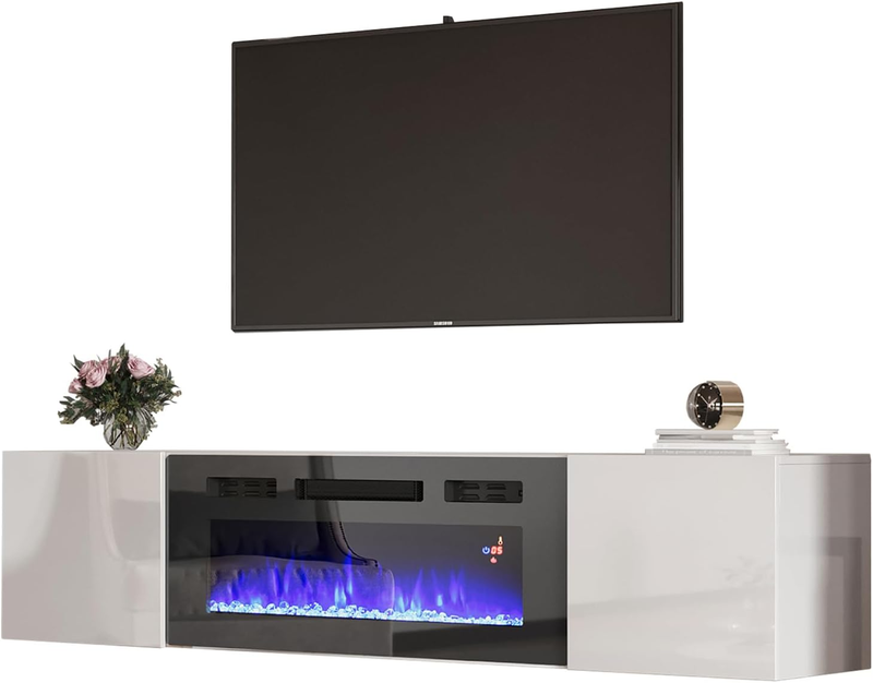 Floating TV Stand with 36" Electric Fireplace, High Gloss Finish Wall Mounted Fi
