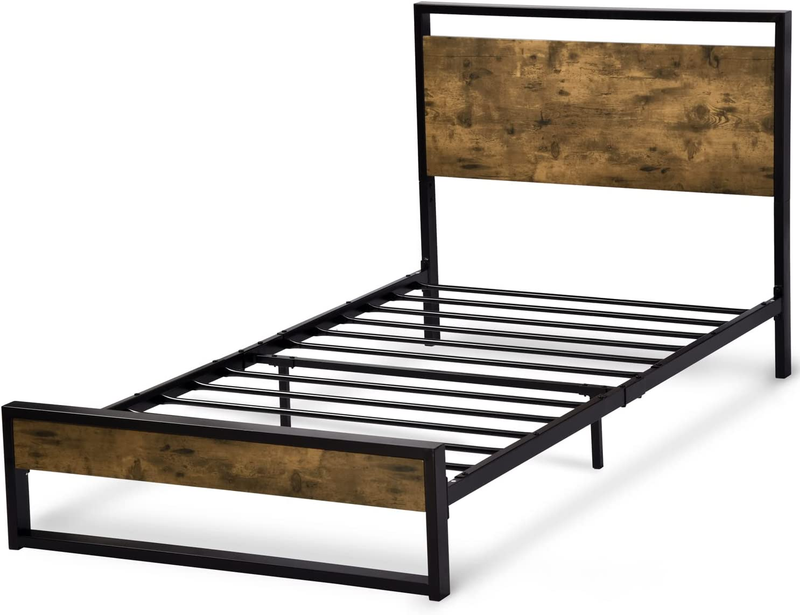 Twin Bed Frame with Wood Headboard, Rustic Farmhouse Twin Platform Bed Frame for