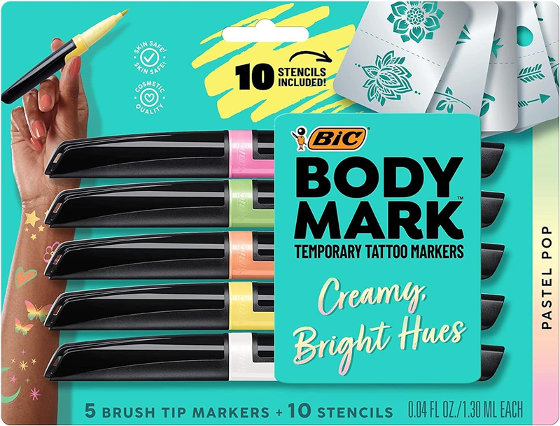 Bodymark Body Art Markers, Pastel Pop, Flexible Brush Tip, 5-Count Pack of Assor