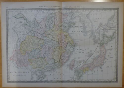 1882 Rand McNally color map of China & Japan with China index, Japan information