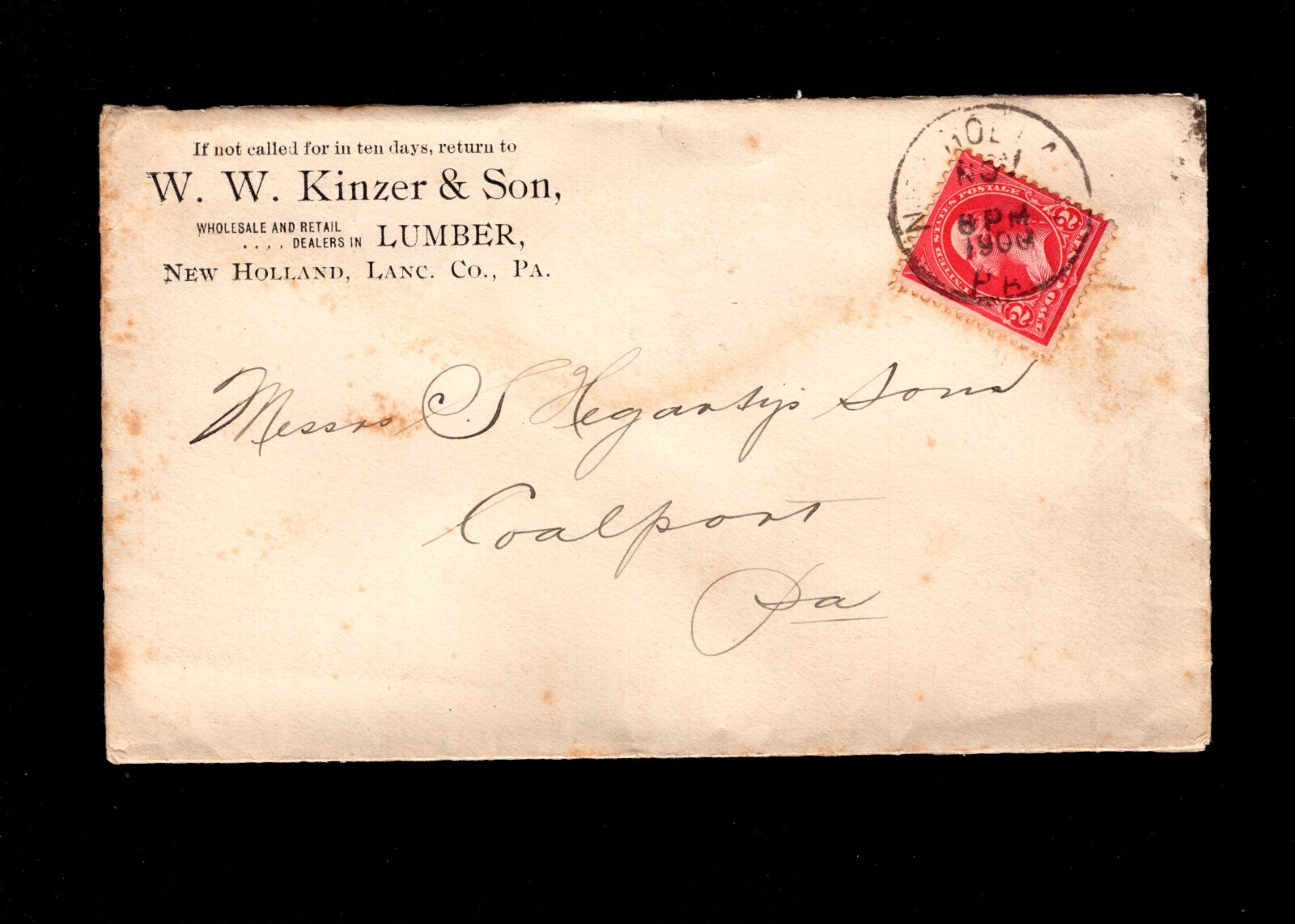 LUMBER W Kinzer & Son New Holland PA 1900 Cover Z2 | eBay