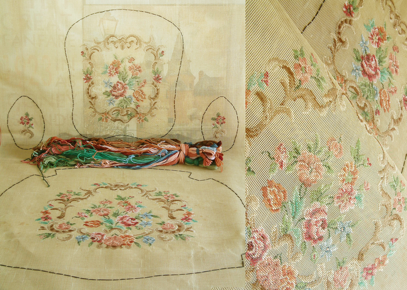 ヨーロッパアート　額縁セット　NEEDLEPOINT Vintage 1960s-americana-folk-art-large