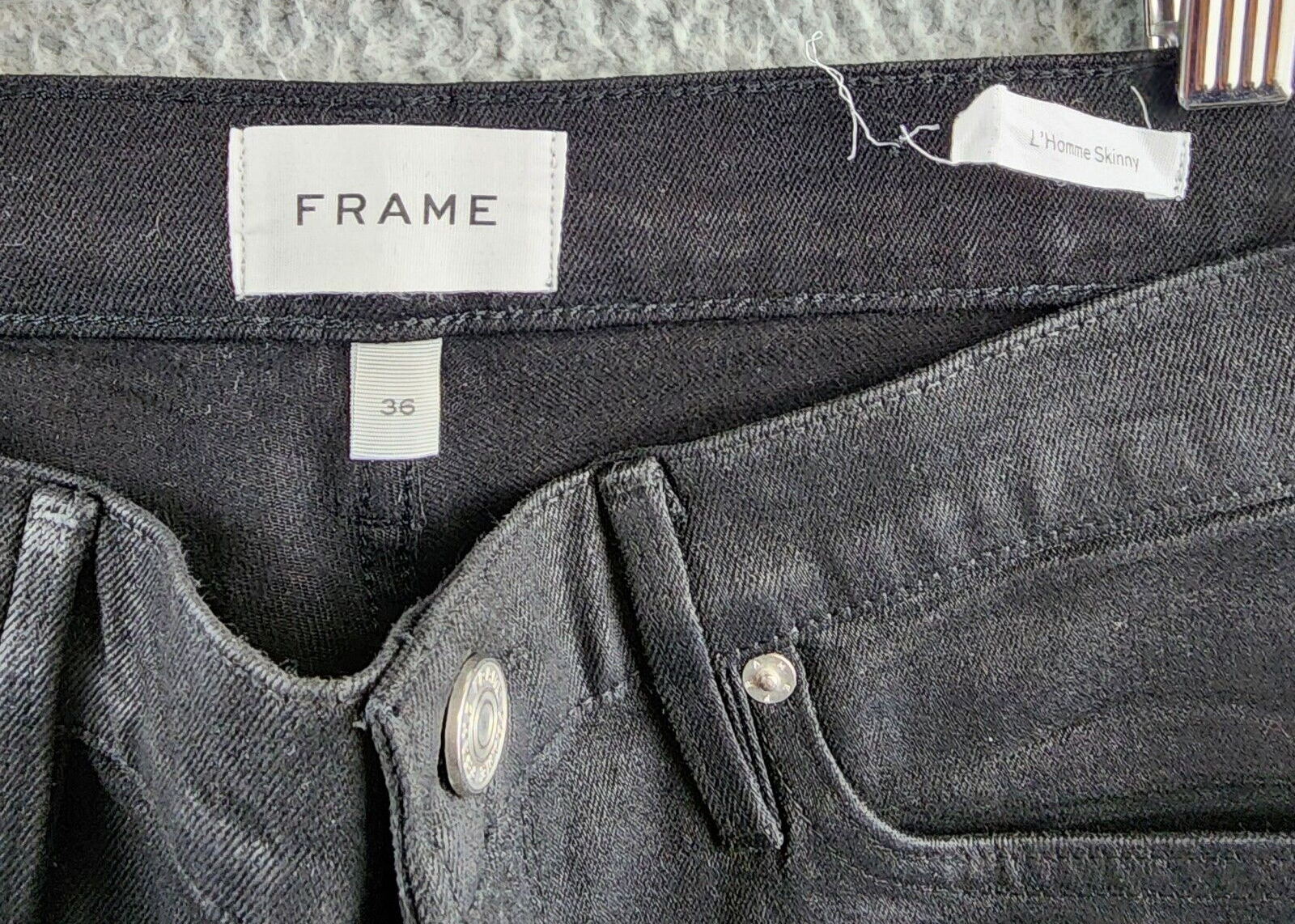 FRAME L'Homme Skinny Jeans Men's 36 Noir Coated Solid Pockets Button Zip Closure - Picture 6 of 14
