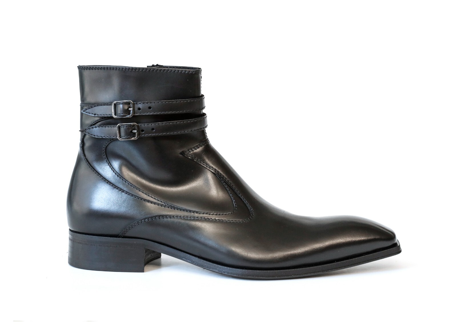 Pre-owned Jo Ghost 4767 Italian Black Leather Ankle Boots W/ 2 Buckles, Zipper