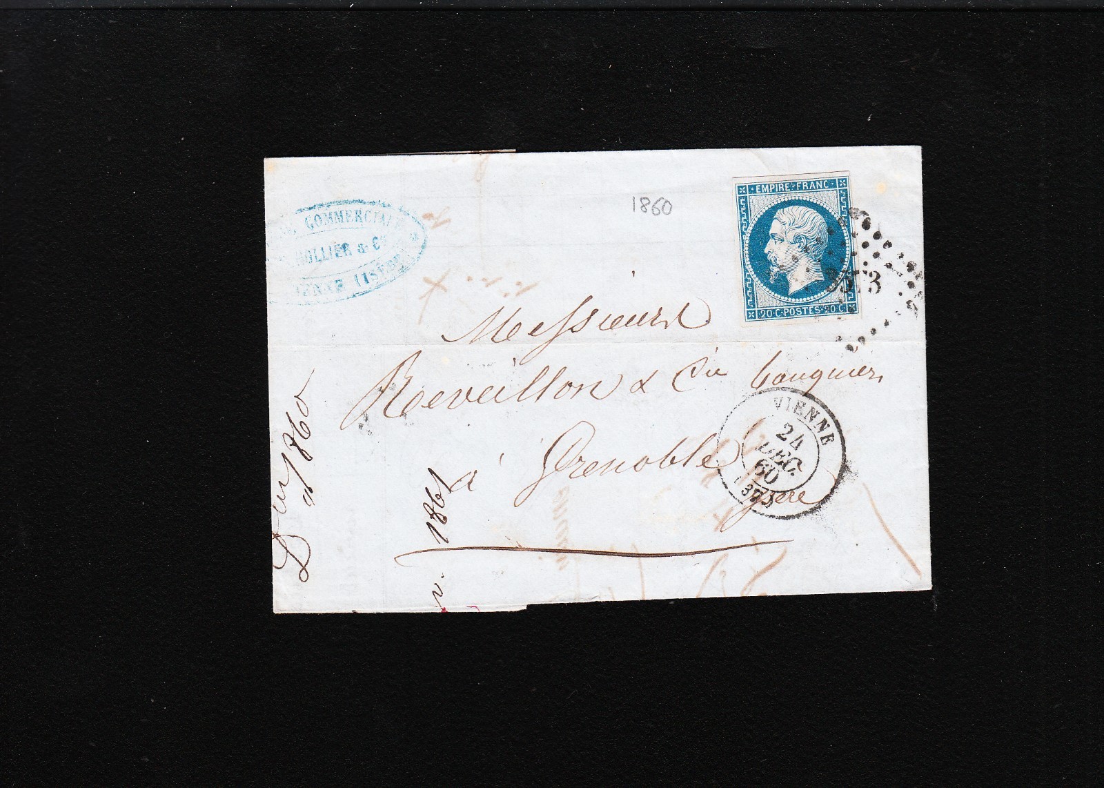 France Vienne 1860 Diamond Cancel #3573 Folded Letter