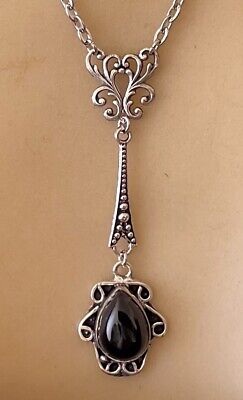 Art Deco Necklace Black Onyx Flapper Long Pendant Art Deco Jewelry 925 Plated