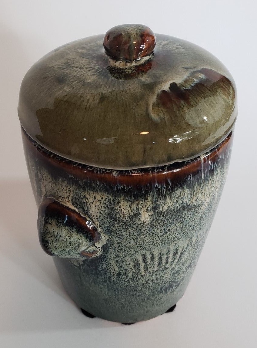 Mottled Pottery Glazed Multi-Colored Jar Container W/Lid 9