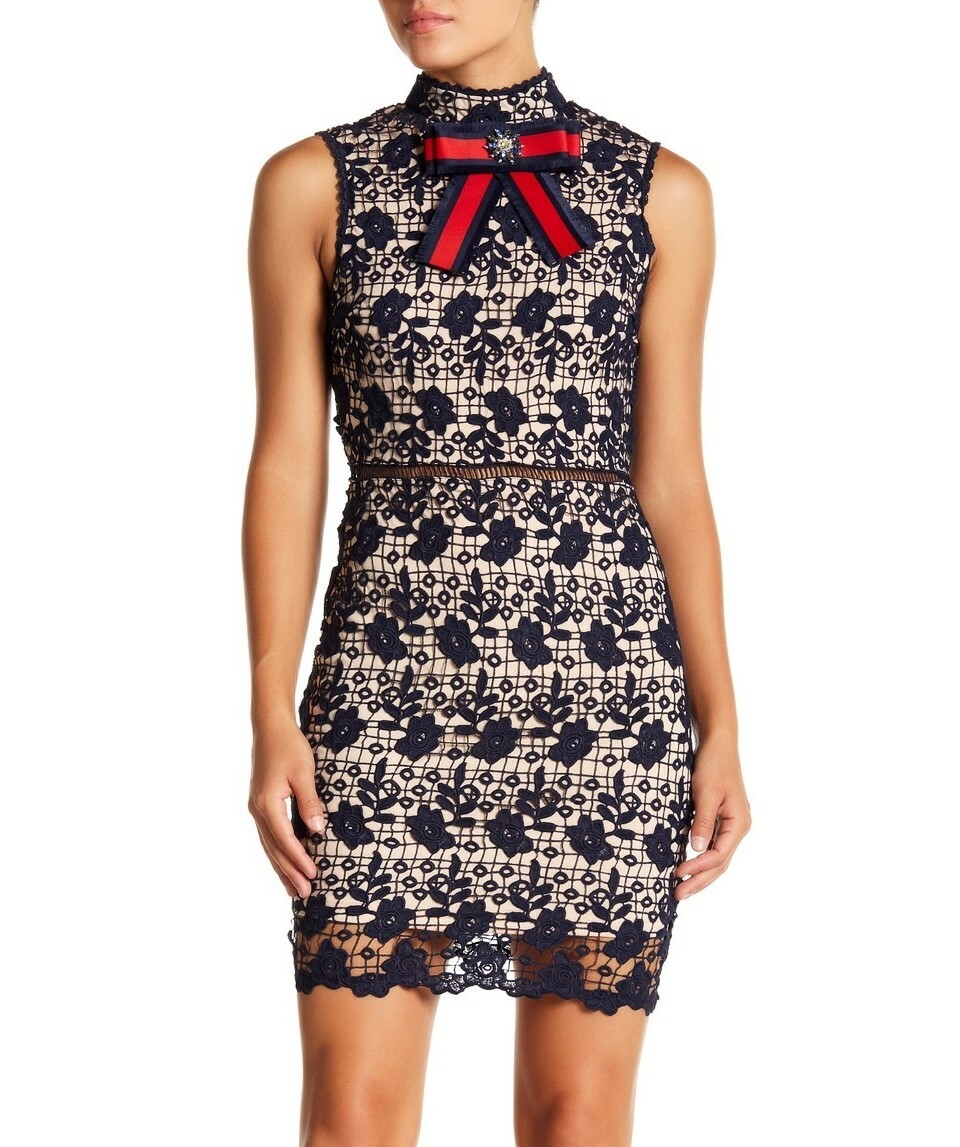 Just Me 156835 Women's Lace Mini Dress Sleeveless Navy/Nude Sz. Small