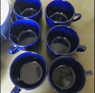 Set of 6 Blue Soup Bowls with Handle Large Coffee Latte Hot Chocolate Mug or Cup