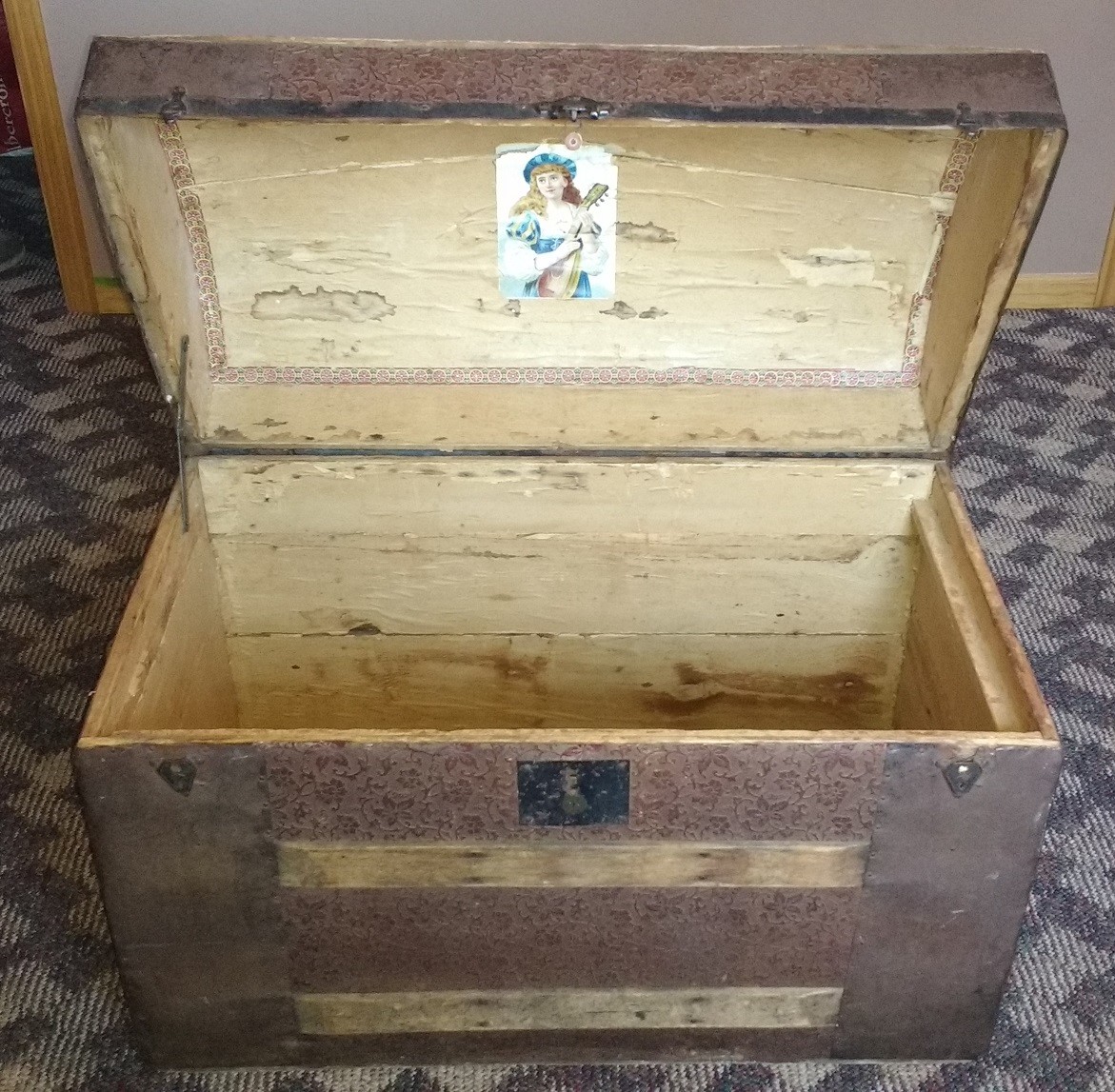 Antique Steamer Trunk Chest Dome Top Embossed Floral Tin Brown Wood Footlocker