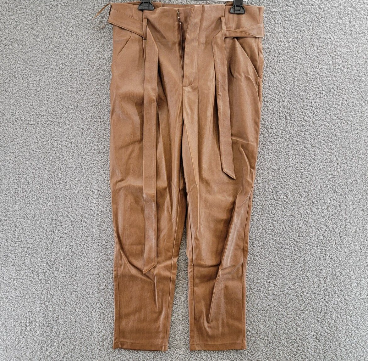 Lucy Paris Faux Leather Paperbag-Waist Pants Women's M Cognac Zip Front Closure - Picture 2 of 18