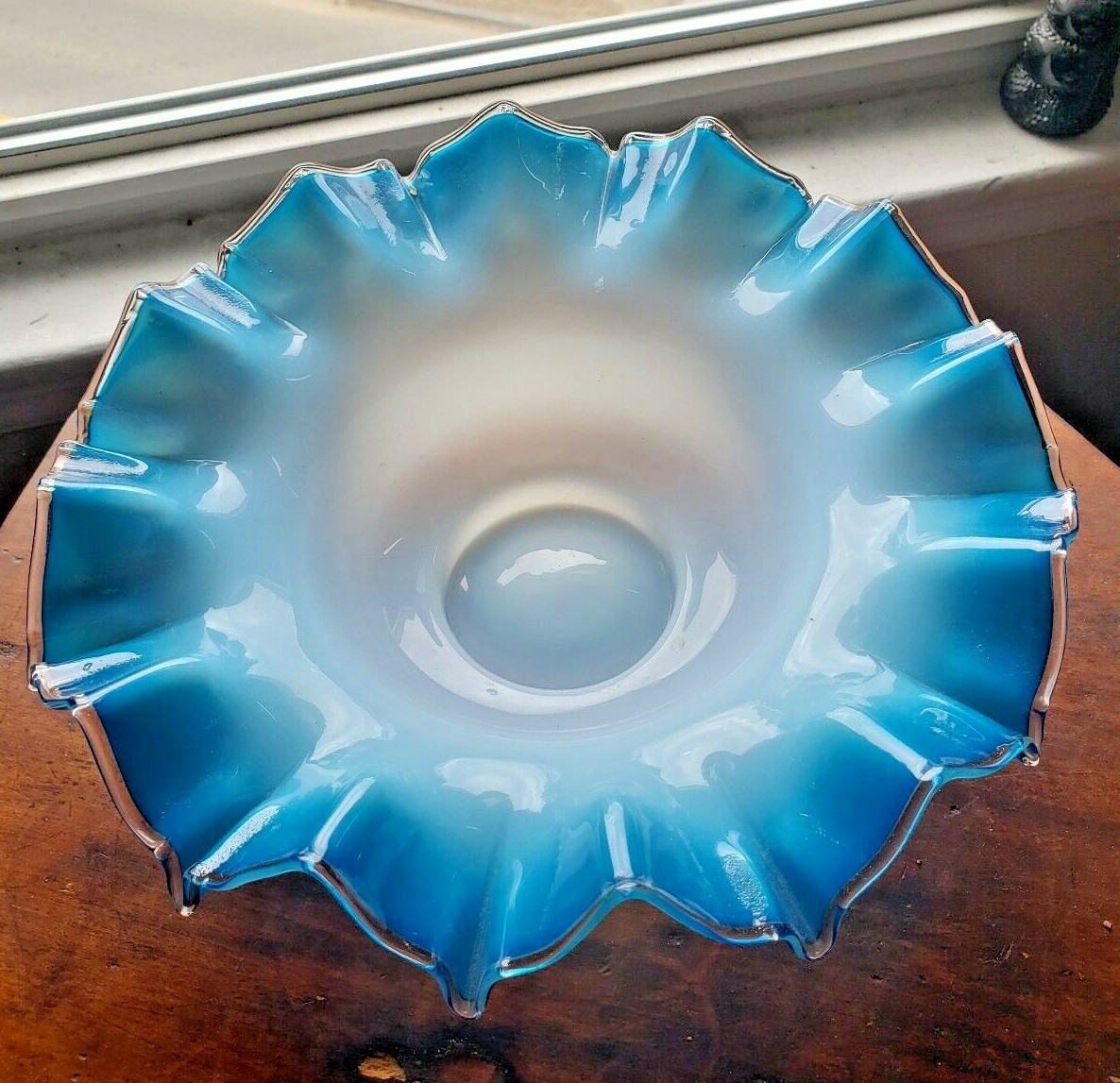 Antique Victorian Glass Brides Bowl Opalescent Blue White / Clear Rim