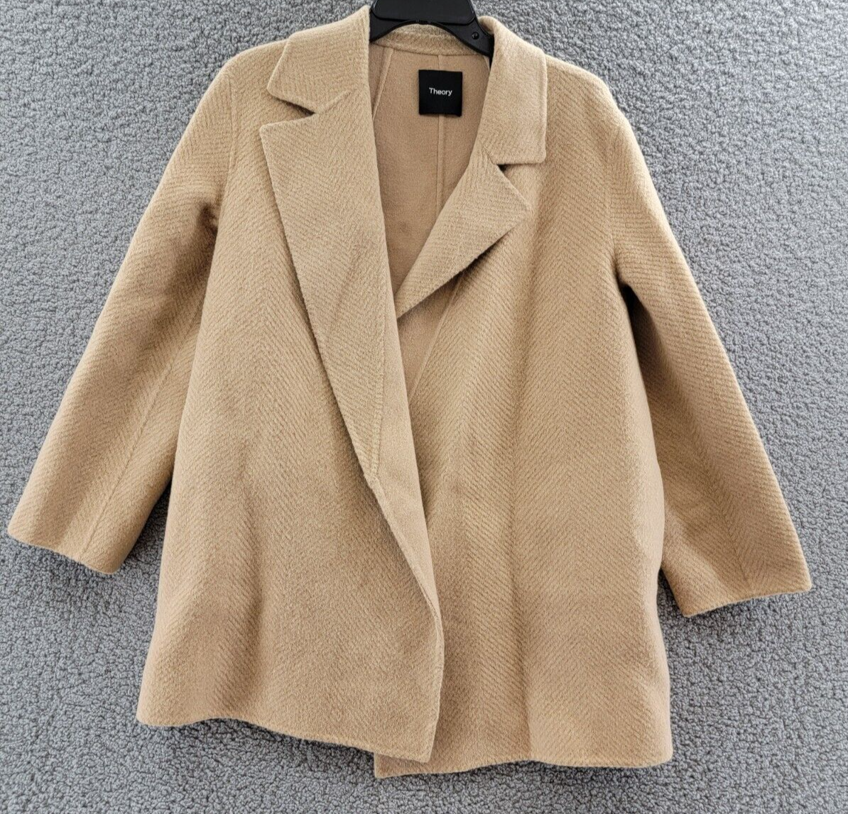 Pre-owned Theory Clairene Chevron Wool Coat Women's L Palomino Open Front Long Sleeve