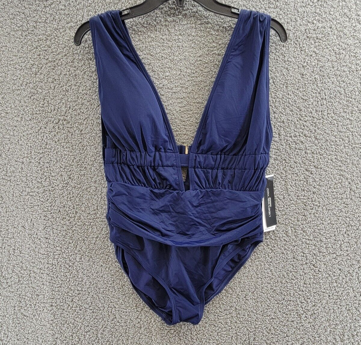 Carmen Marc Valvo Plunge-Neck Ruched One-Piece Swimsuit Women's 14 Maritime~ - Picture 2 of 15