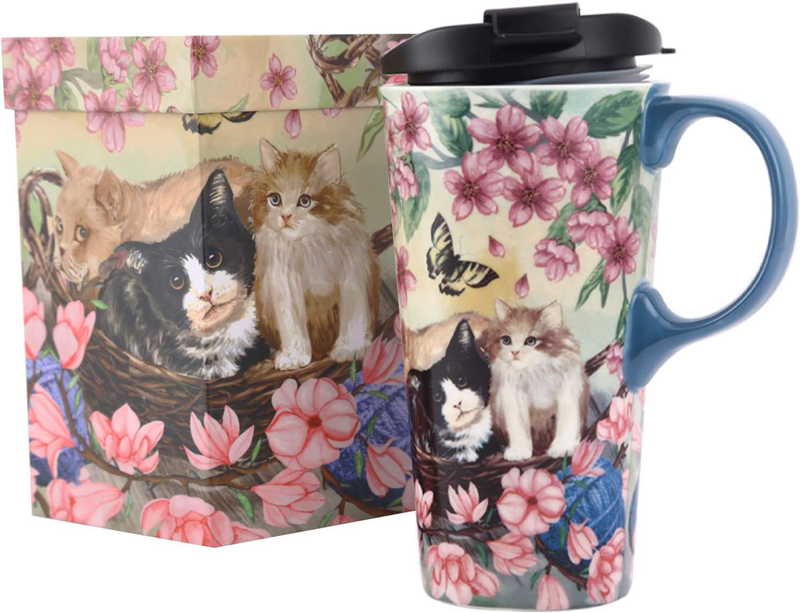 TZSSP Coffee Ceramic Mug Travel Mug Porcelain Latte Tea Cup with Lid 17Oz. Flowe