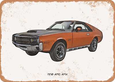 Classic Car Art - 1970 AMC AMX Pencil Sketch - Rusty Look Metal Sign 2