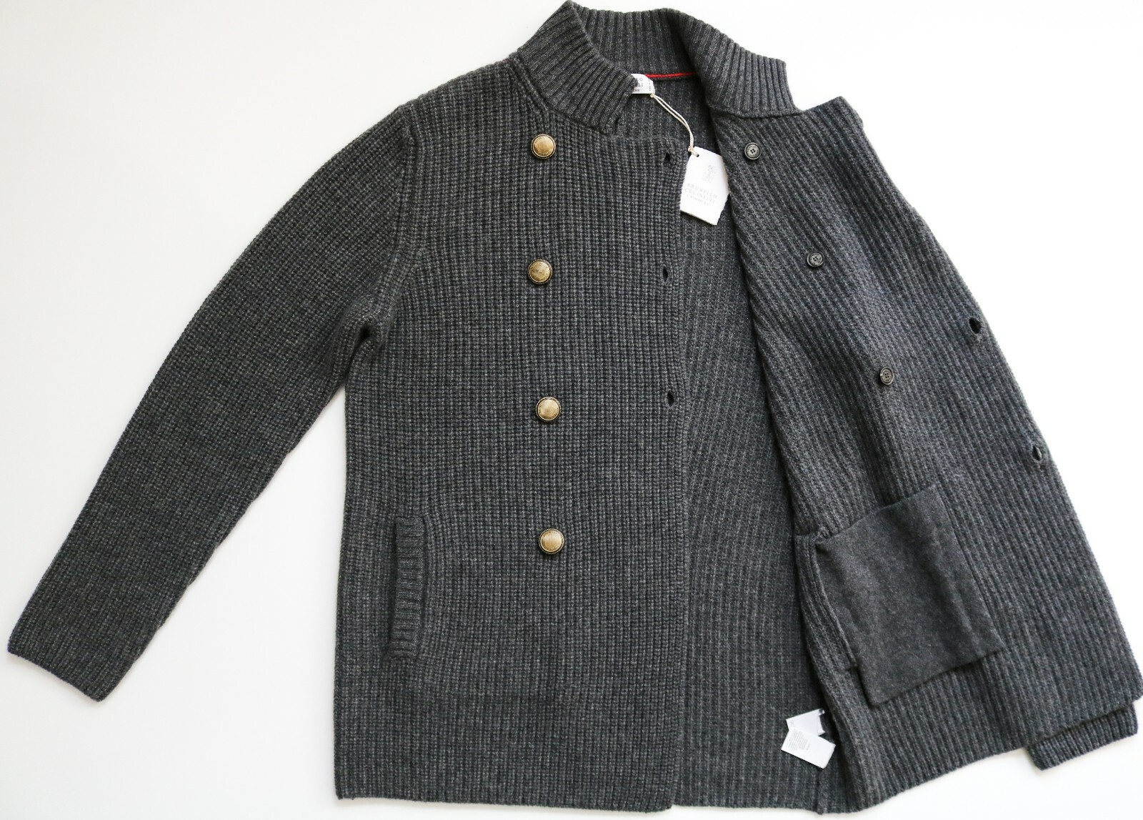 Pre-owned Brunello Cucinelli $3545  Gray English Rib 100% Cashmere Cardigan Sweater 50 Euro