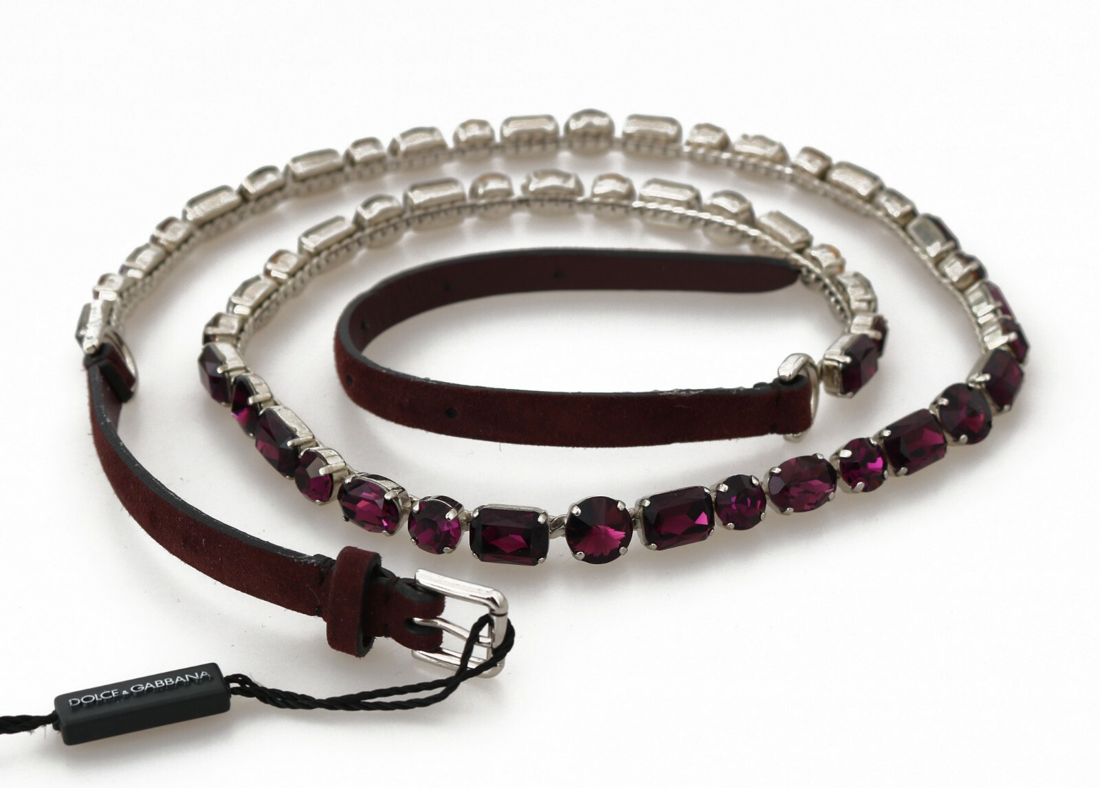 Pre-owned Dolce & Gabbana Belt Brown Leather Purple Crystal Chain S. It44 / 95cm Rrp $800