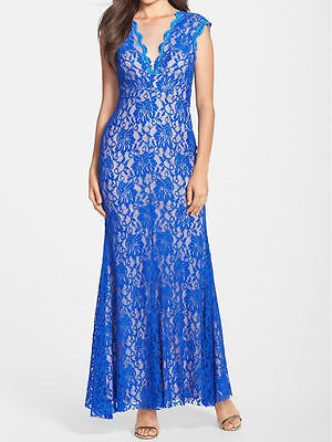 XSCAPE ~ Blue Lace Illusion V-Neck Open Back Trumpet Formal Gown 4 NEW $229