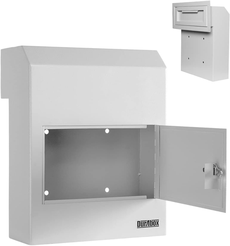 Through-The-Door Locking Drop Box D500, Heavy Duty Steel Mailbox for Depositing Mail, Keys, Rent Payments, Checks - Door Mail Slot with Rear Access (Gray)