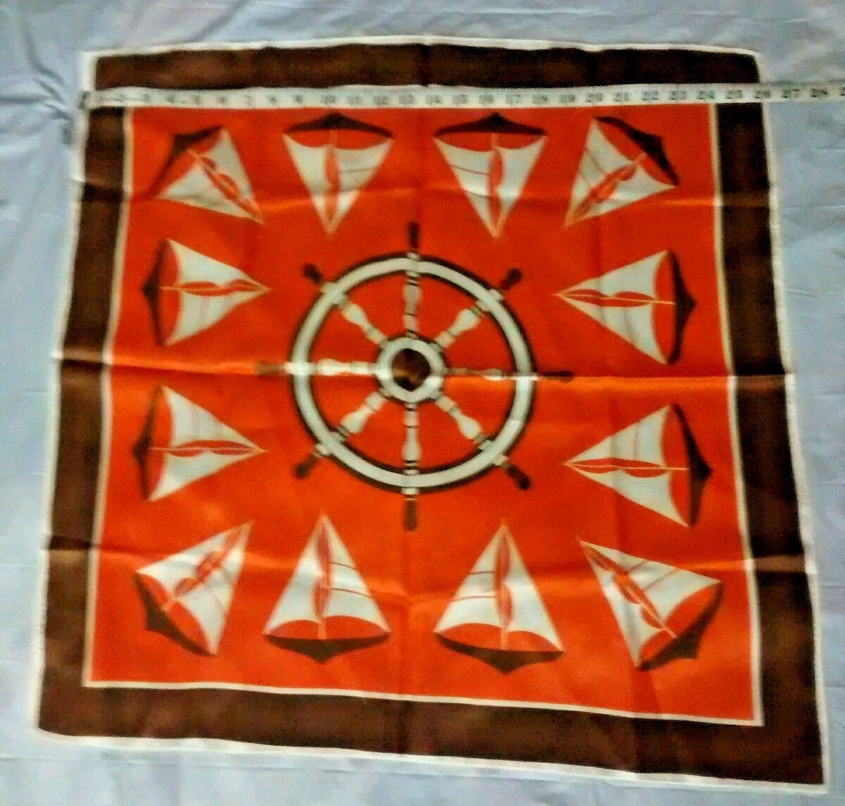 Rain Scarf Vintage Nautical Sailboats Captains Ship Wheel Orange Square 26