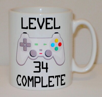 Level 34 Complete 34th Birthday Mug Can Personalise Video Game Retro Gamer Gift