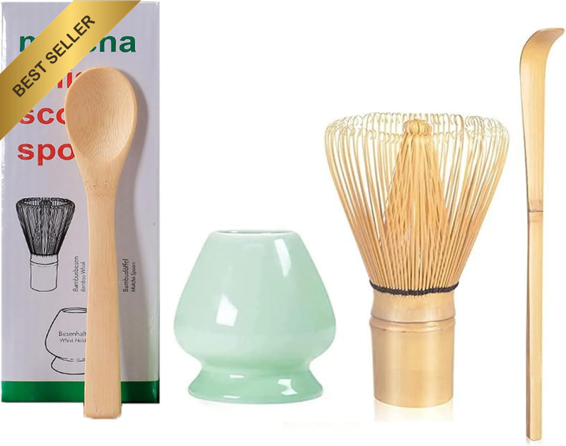 Matcha Whisk Set Traditional Bamboo Matcha Tea Kit with Scoop Spoon Ceramic Hold