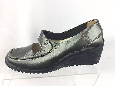 Wolky Mary Janes Women's 39-7.5/8 Pewter Gray Patent Leather Wedge Platform Shoe