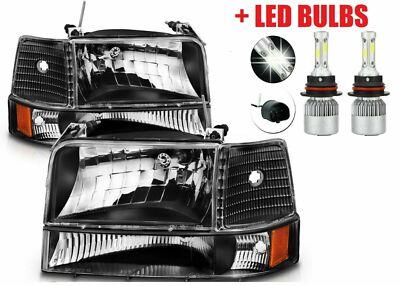 REXHALL VISION 2000 2001 2002 2003 BLACK CLEAR LENS HEADLIGHTS 6PC SET LED BULBS