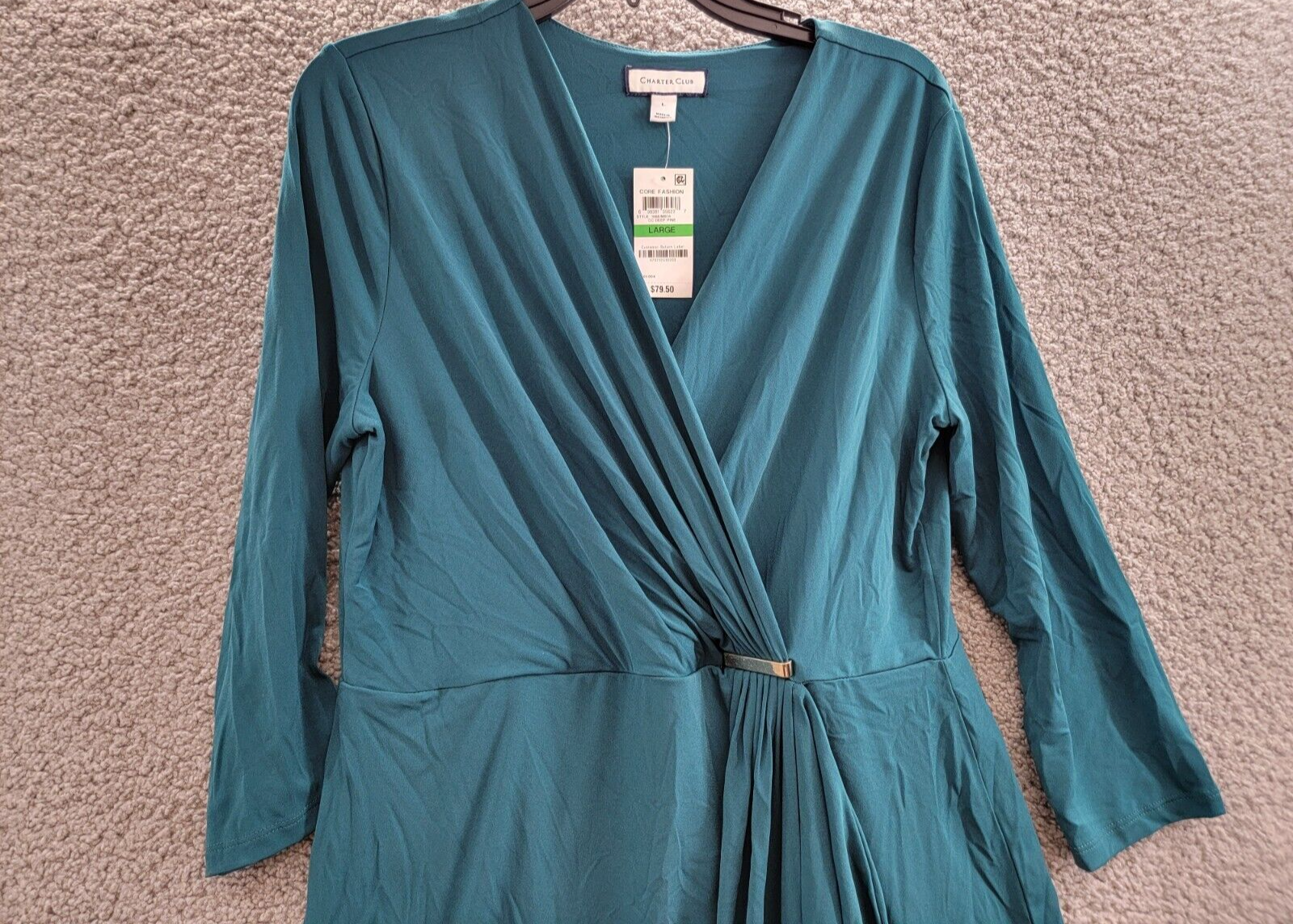Charter Club Faux-Wrap Dress Women's L Deep Pine Surplice Neck 3/4 Sleeve - Picture 3 of 16