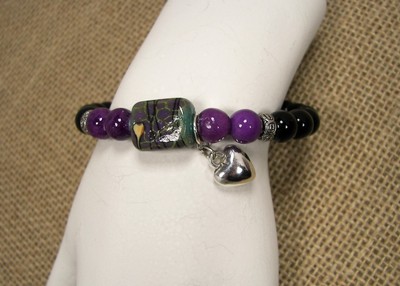 Purple Quartzite Black Jasper Silver Tone Heart Charm Bead Bracelet #31