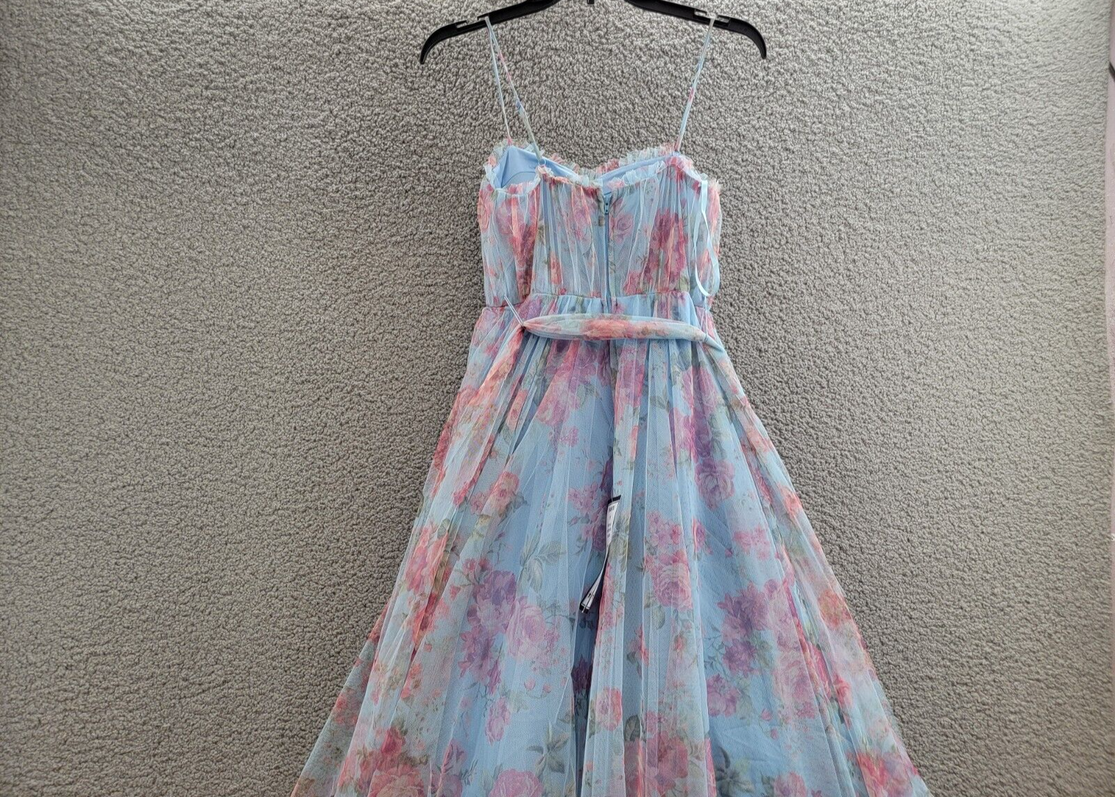 City Studio Floral-Print Bustier Gown Women's 0 Sky/Rose Ruffle Sweetheart Neck - Picture 10 of 16