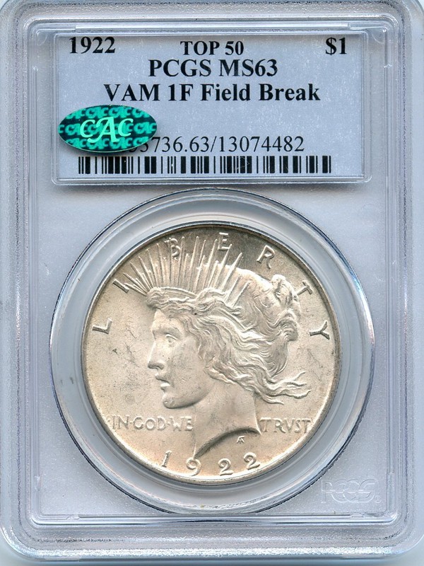 C3056- 1922 VAM-1F FIELD BREAK TOP 50 PEACE DOLLAR PCGS
