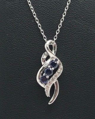Sterling Silver Three Stone Blue Tanzanite - CZ Pave Overlap Wave Swirl Necklace