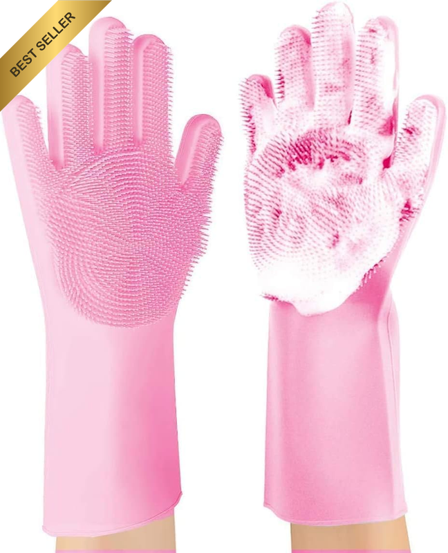 A Set of 1 Pair of 100% Silicone Gloves with a Washing Brush, Reusable Brush, He