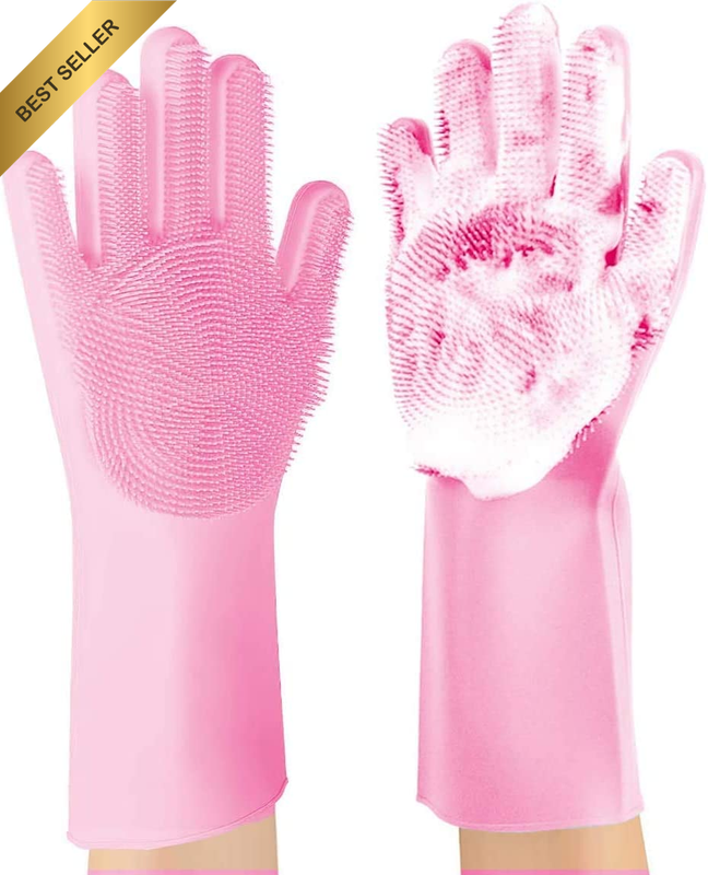 Set of 1 Pairs 100% Silicone Gloves with Wash Scrubber, Reusable Brush Heat Resi