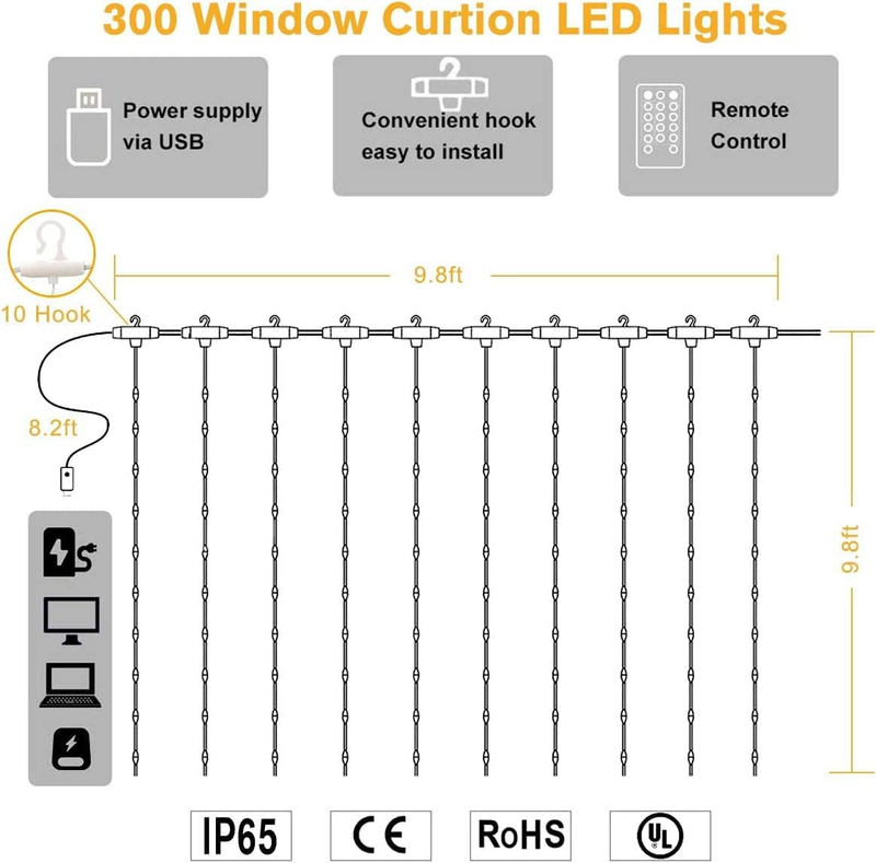 Curtain Lights, Fairy Lights for Bedroom, 300 LEDs Warm White Twinkle Lights W/