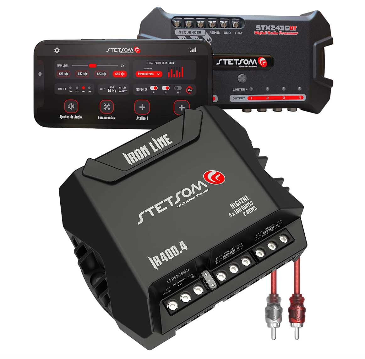 Stetsom IR 400.4 4 Channel Amp STX2436 Bluetooth DSP Processor 3ft RCA Cables Stetsom IR 400.4 4 Channel Amp STX2436 Bluetooth DSP Processor 3ft RCA Cables