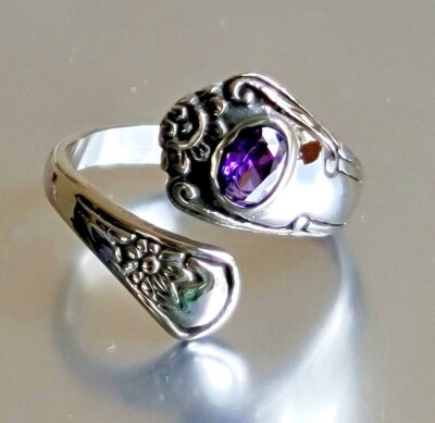 Stainless Steel Spoon Ring - Spoon Ring with Tanzanite CZ & Flower