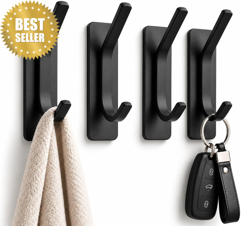 Self Adhesive Stainless Steel Wall Hooks, 4 Pack, No Drill Mounting