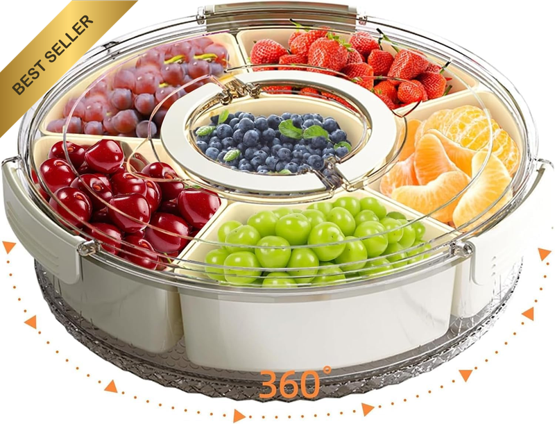 Divided Serving Tray with Lid and Handle，360° Rotatable，Portable Snackle Box Con