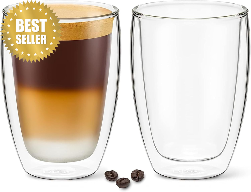 Espresso Coffee Mugs 350Ml, Latte Clear Glass Set of 2 12Oz Cups, Double Wall In