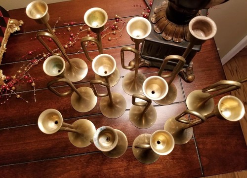 12 Vintage Graduated Brass Bugle Horn Trumpet Candlestick Holders Wedding Decor