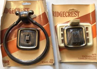 Vintage Ajax Bathroom Set Brass Towel Ring Toothbrush Holder Early American NOS