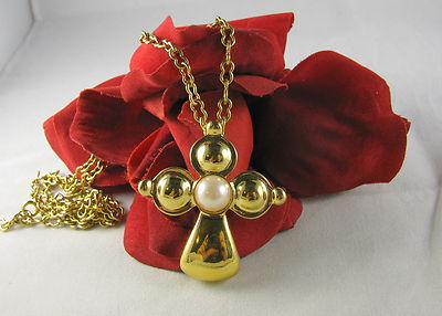 Gorgeous Premier Design Faux Pearl Cross  Necklace FERAL CAT RESCUE