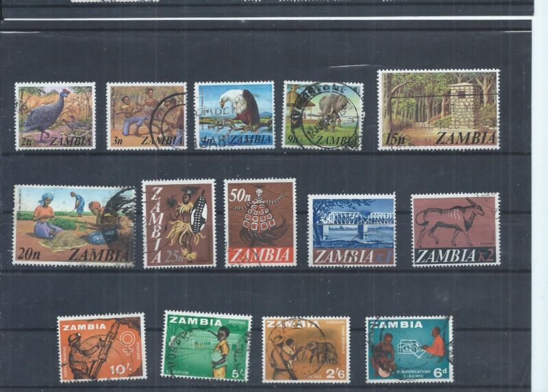 Zambia stamps.  1964, 1968 & 1975 definitive used lot.  (AF070)